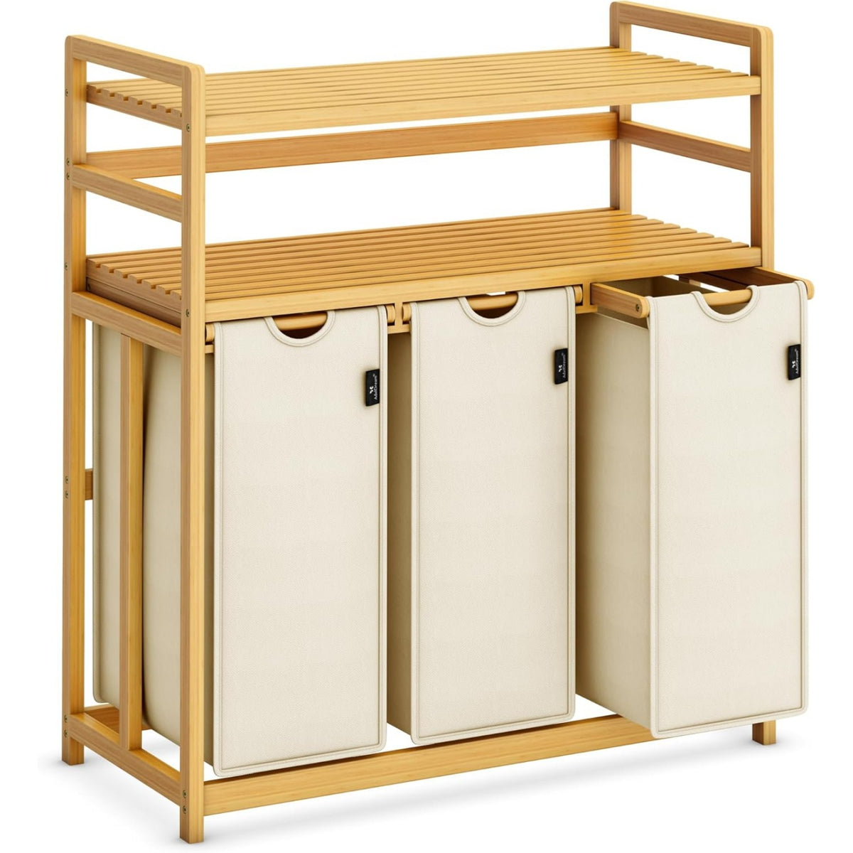Beige Two-Tier Bamboo Laundry Hamper & Storage Basket with Three Drawers