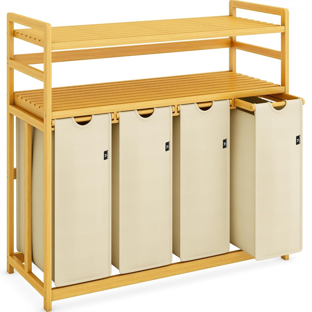 Beige Two-Tier Bamboo Storage Rack with Four Drawers and Laundry Baskets