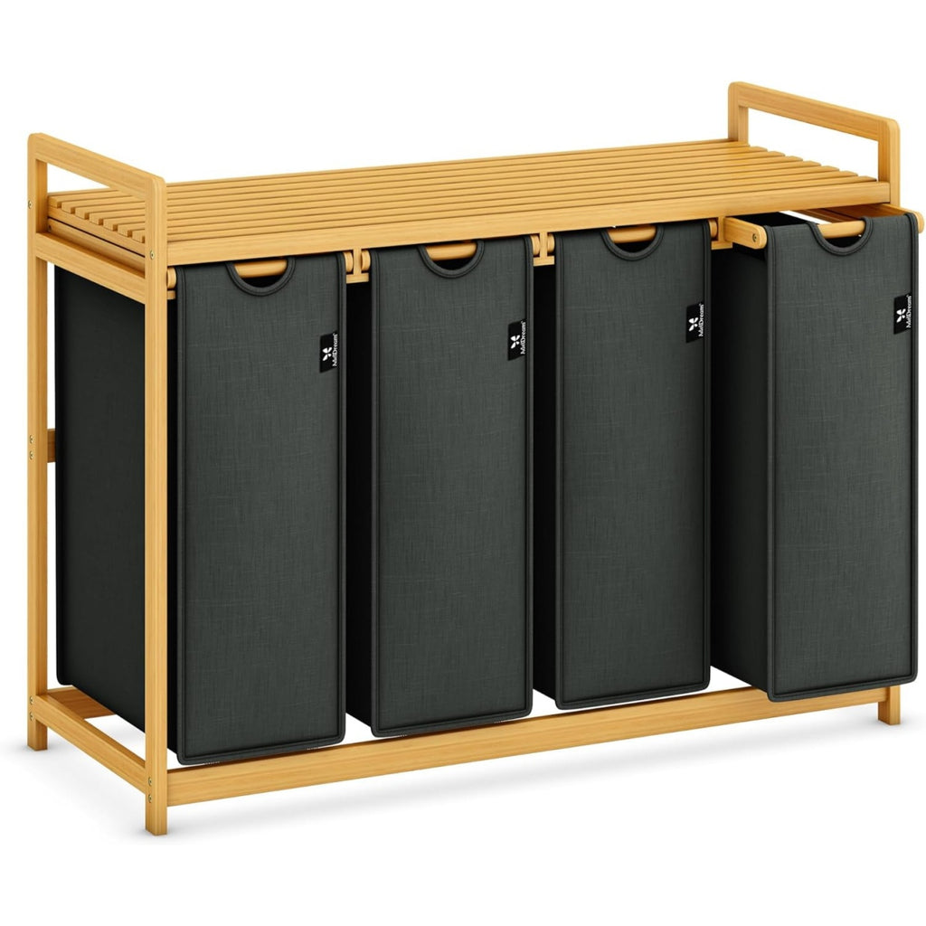 Single-Tier Grey Bamboo Laundry Basket & Storage Rack