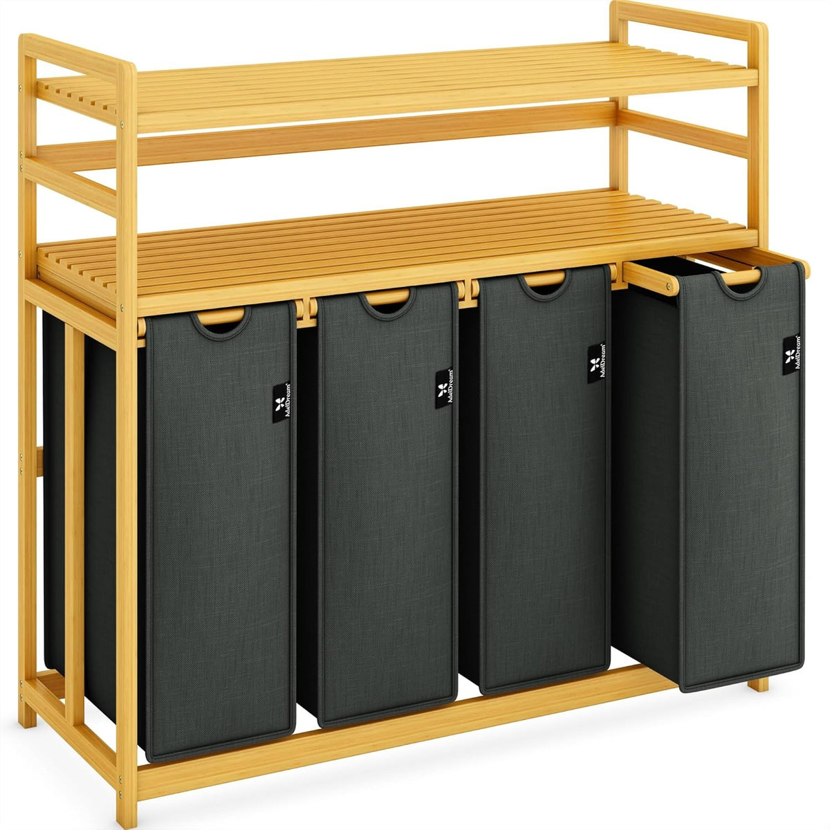 Grey Two-Tier Bamboo Storage Rack with Four Drawers and Laundry Baskets