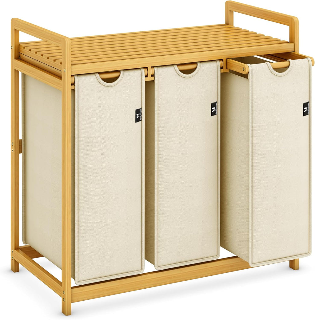 Beige Single-Tier Bamboo  Laundry Basket / Storage Hamper with 3 Drawers