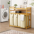Beige Two-Tier Bamboo Storage Rack with Four Drawers and Laundry Baskets