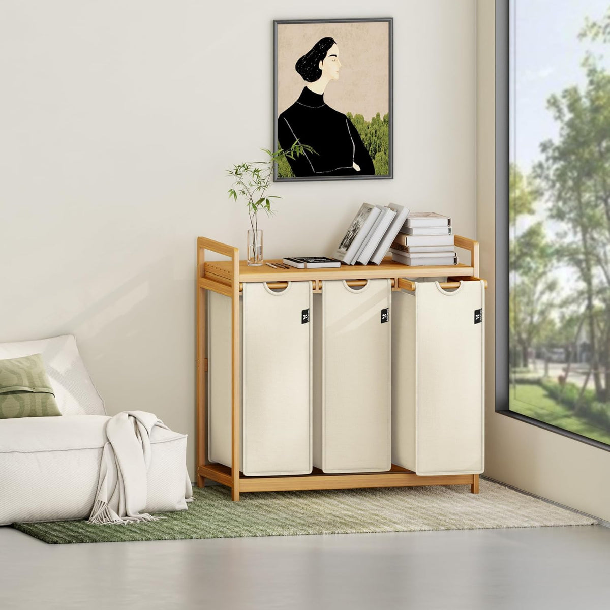Beige Single-Tier Bamboo  Laundry Basket / Storage Hamper with 3 Drawers