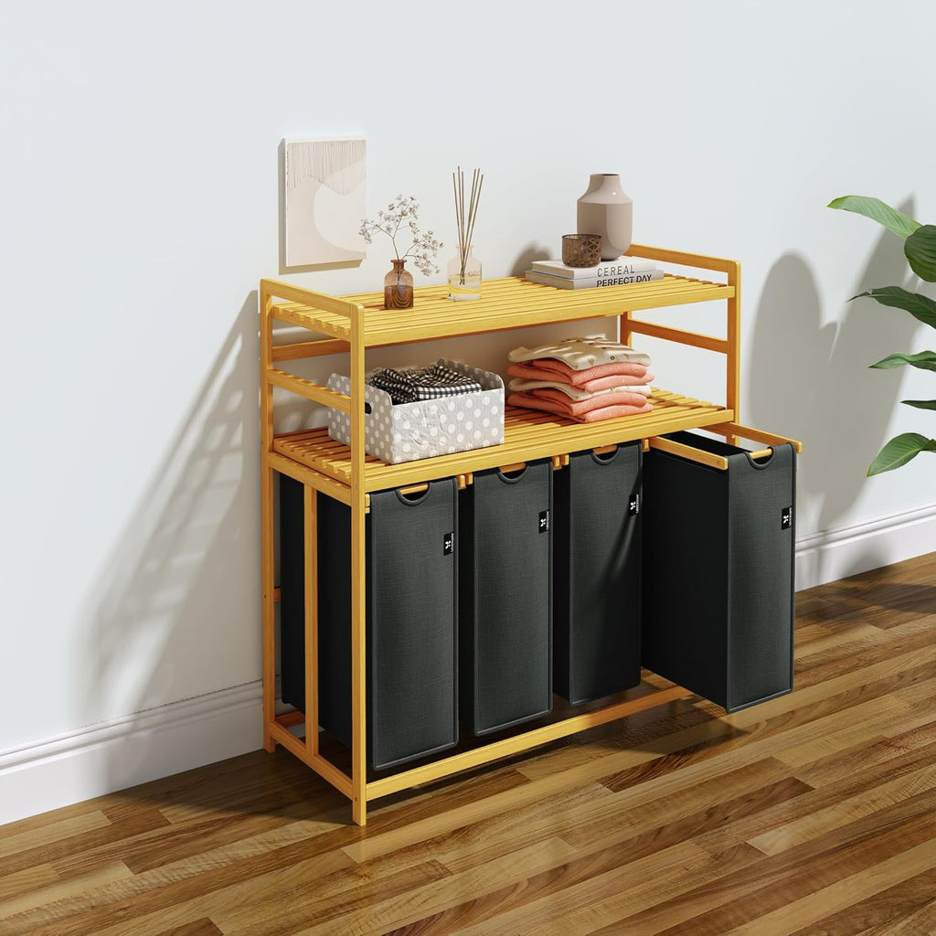 Grey Two-Tier Bamboo Storage Rack with Four Drawers and Laundry Baskets