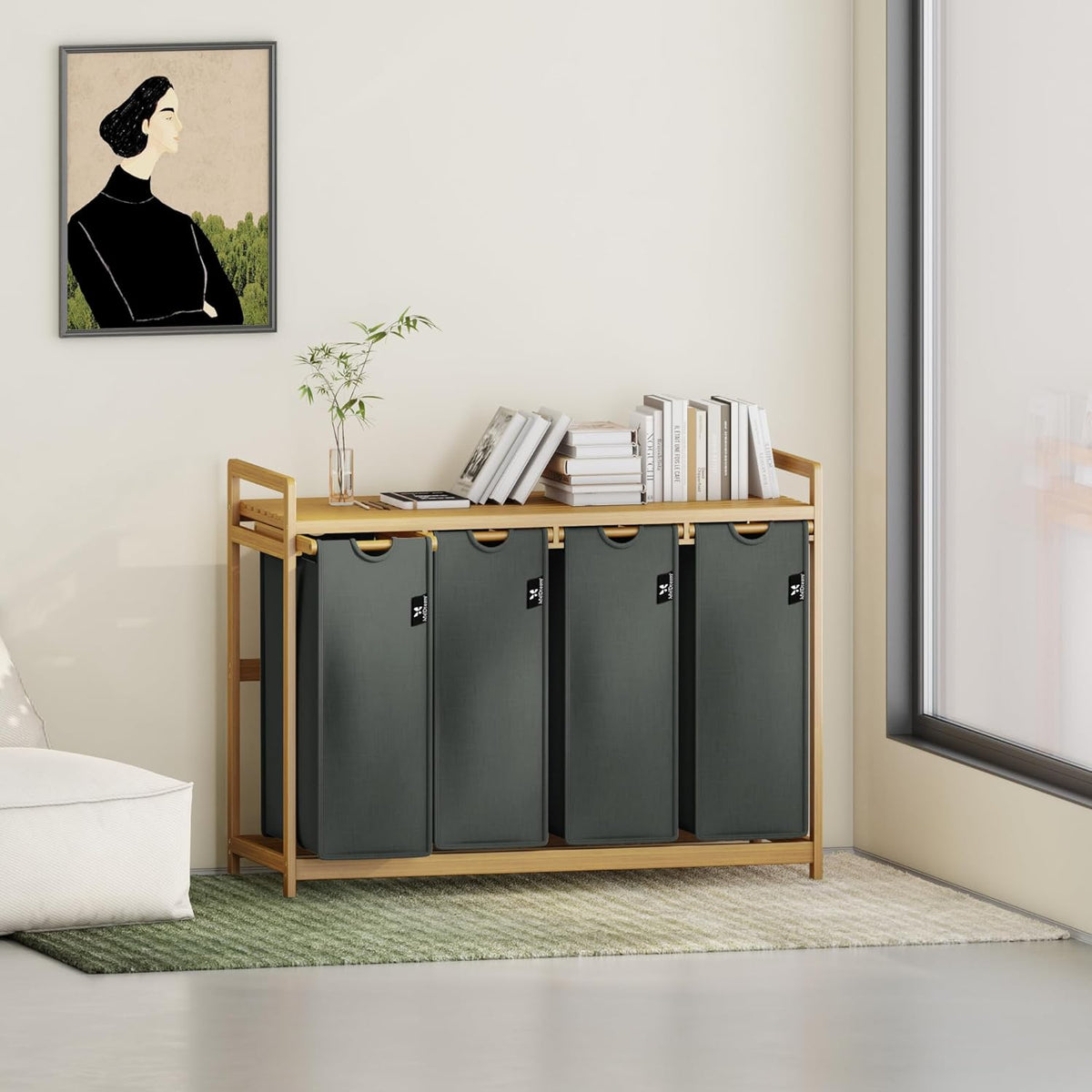 Single-Tier Grey Bamboo Laundry Basket & Storage Rack