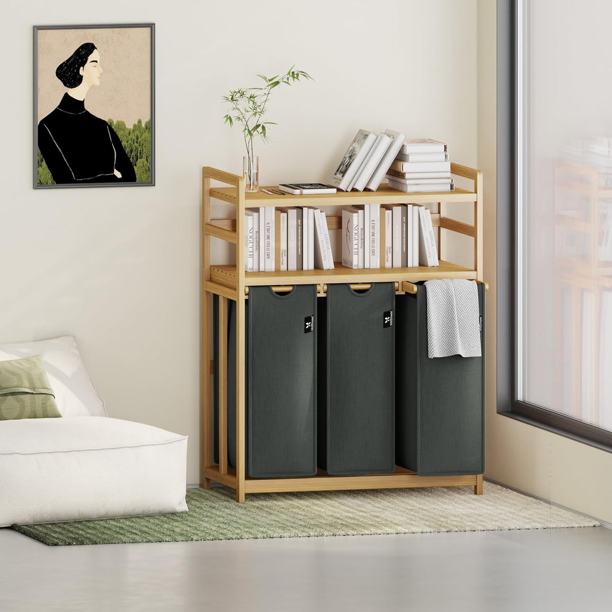 GreyTwo-Tier Bamboo Laundry Hamper & Storage Basket with Three Drawers