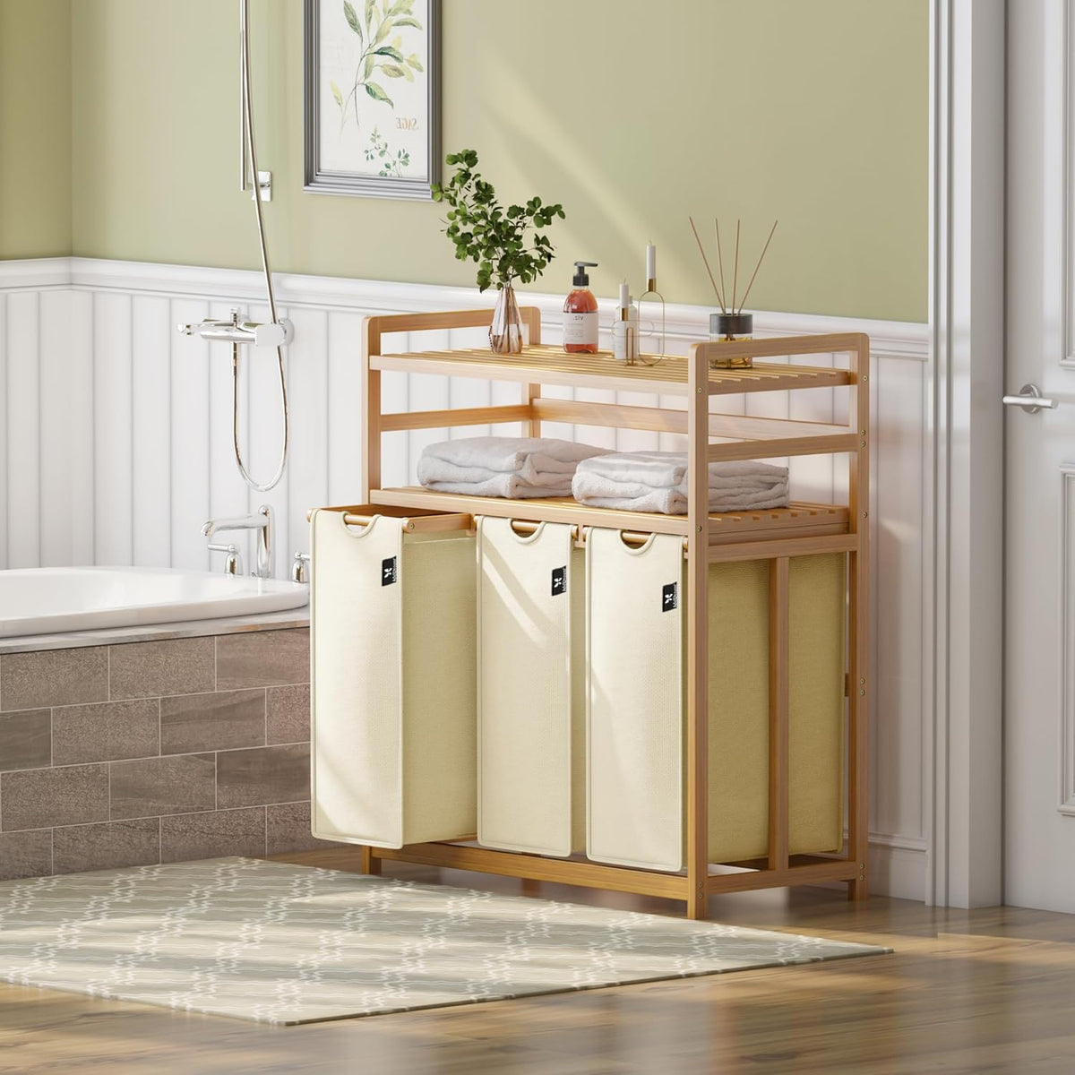 Beige Two-Tier Bamboo Laundry Hamper & Storage Basket with Three Drawers