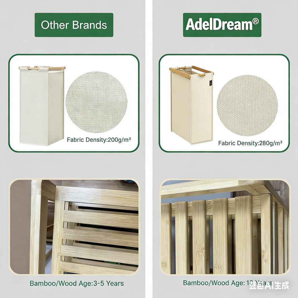 Beige Two-Tier Bamboo Storage Rack with Four Drawers and Laundry Baskets