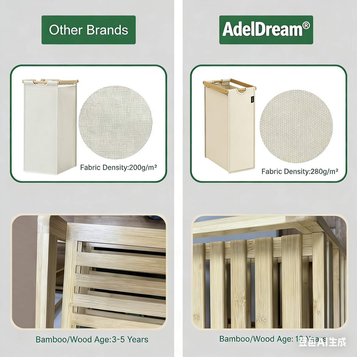 Beige Two-Tier Bamboo Storage Rack with Four Drawers and Laundry Baskets