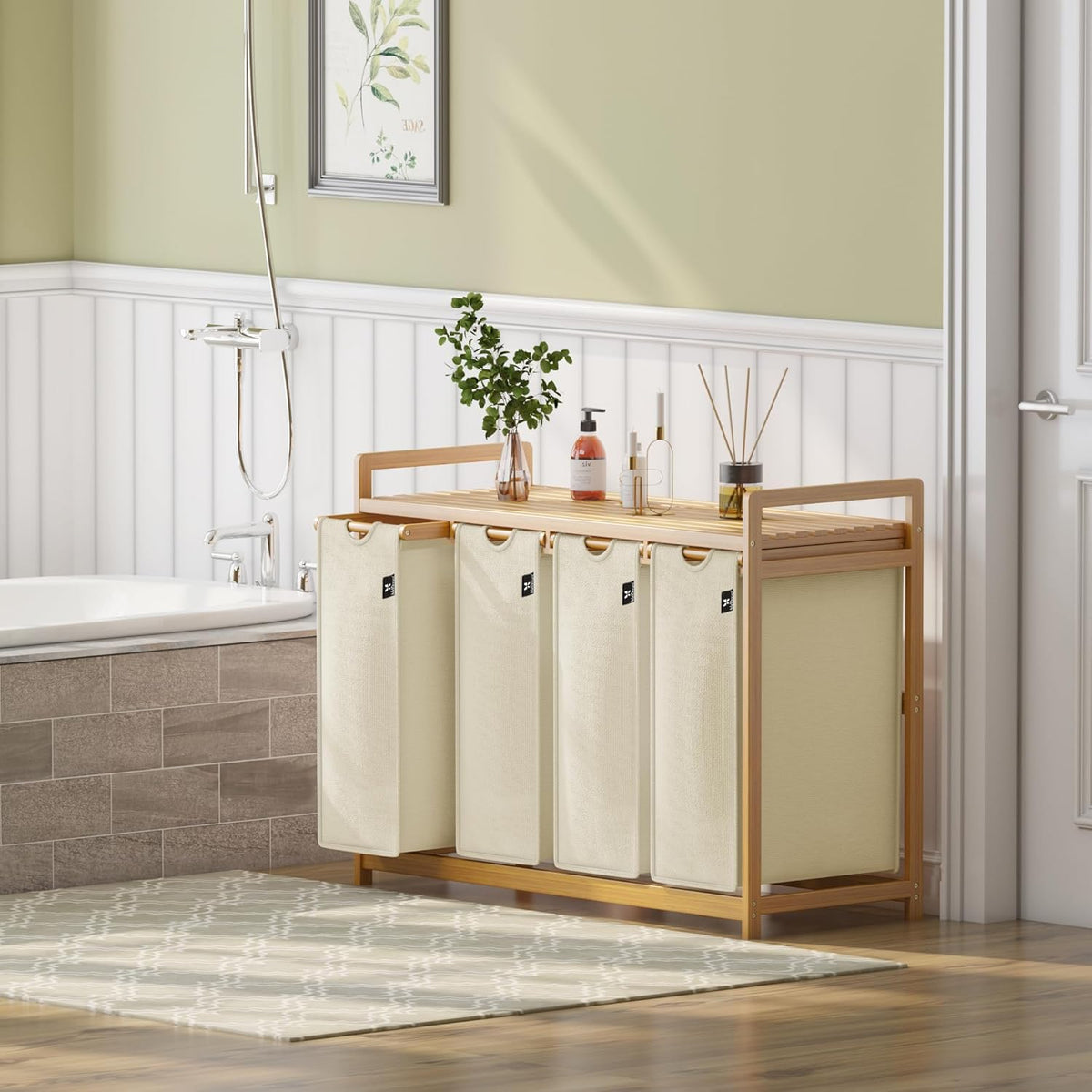 Beige Single-Tier 4-Drawer Bamboo Storage Unit, Laundry Hamper & Organizer