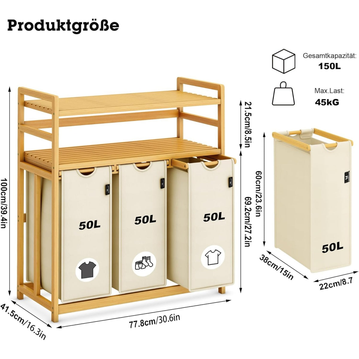 Beige Two-Tier Bamboo Laundry Hamper & Storage Basket with Three Drawers
