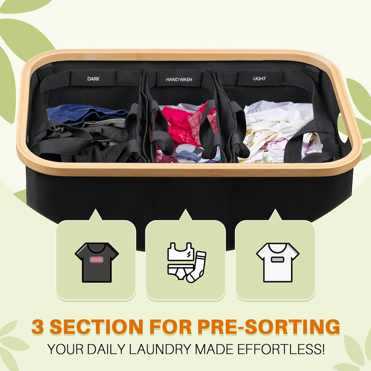 Black 145L Large CapacityFoldable Divided Laundry Hamper / Storage Basket