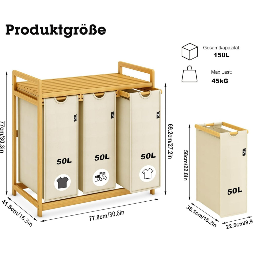 Beige Single-Tier Bamboo  Laundry Basket / Storage Hamper with 3 Drawers