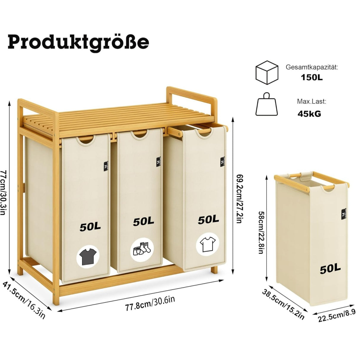 Beige Single-Tier Bamboo  Laundry Basket / Storage Hamper with 3 Drawers