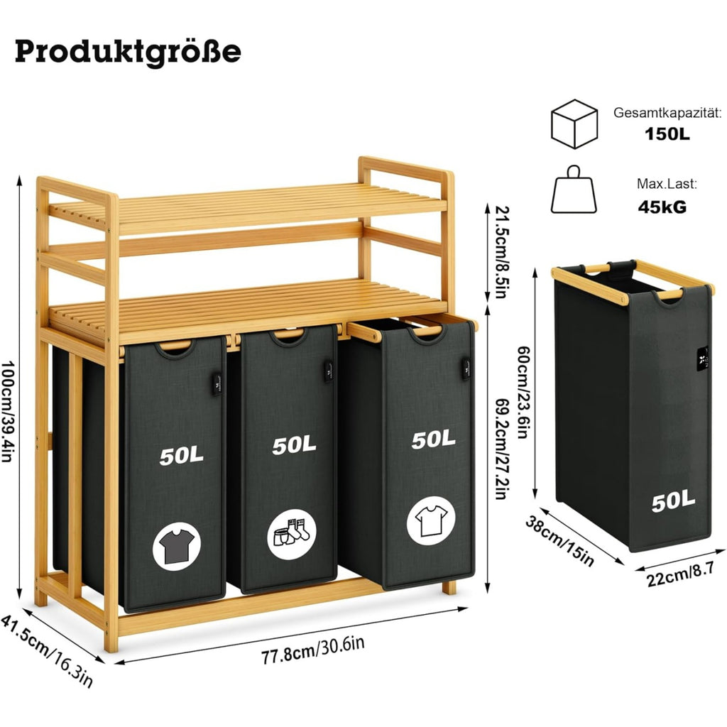 GreyTwo-Tier Bamboo Laundry Hamper & Storage Basket with Three Drawers