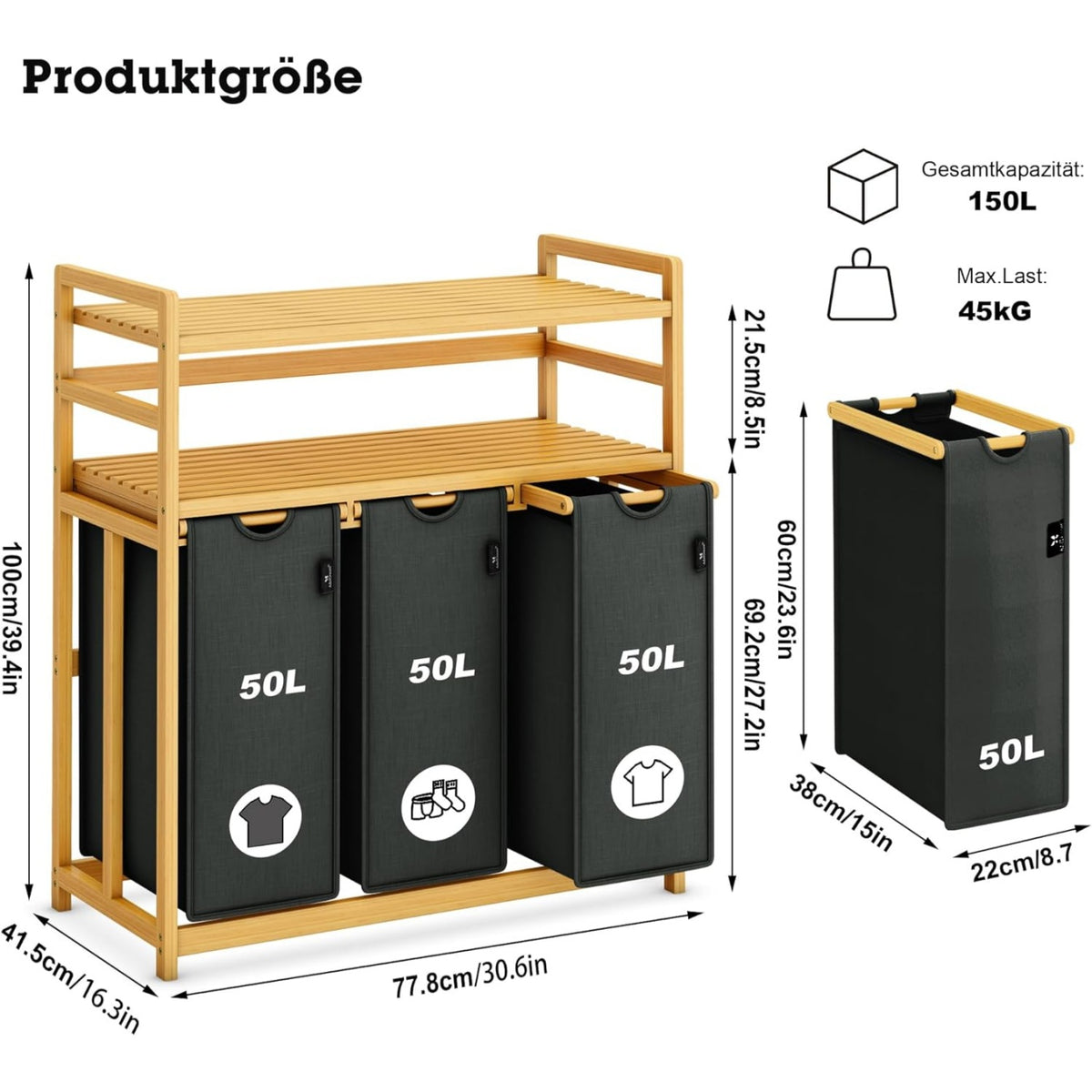 GreyTwo-Tier Bamboo Laundry Hamper & Storage Basket with Three Drawers