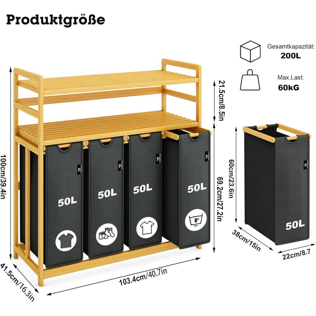 Grey Two-Tier Bamboo Storage Rack with Four Drawers and Laundry Baskets