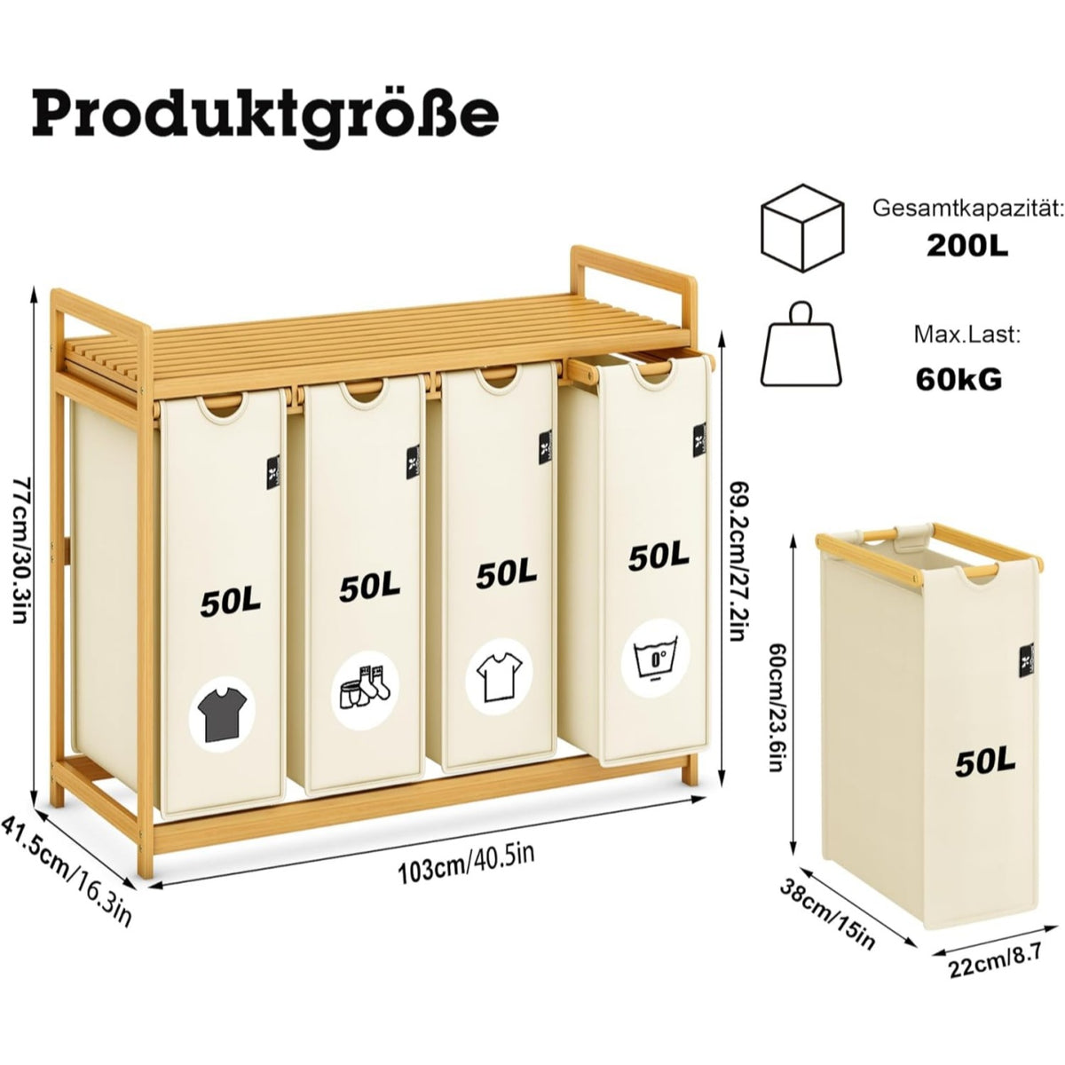 Beige Single-Tier 4-Drawer Bamboo Storage Unit, Laundry Hamper & Organizer
