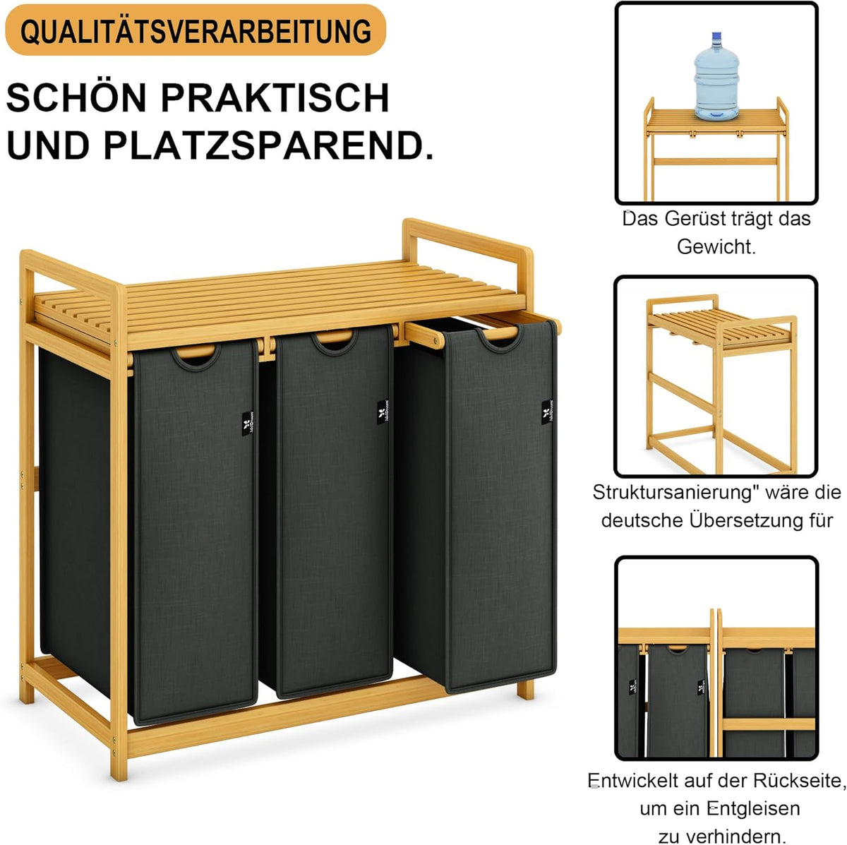 Grey Single-Tier Bamboo  Laundry Basket / Storage Hamper with 3 Drawers