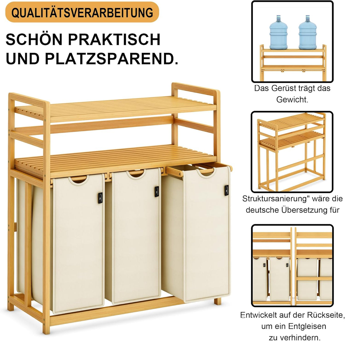 Beige Two-Tier Bamboo Laundry Hamper & Storage Basket with Three Drawers