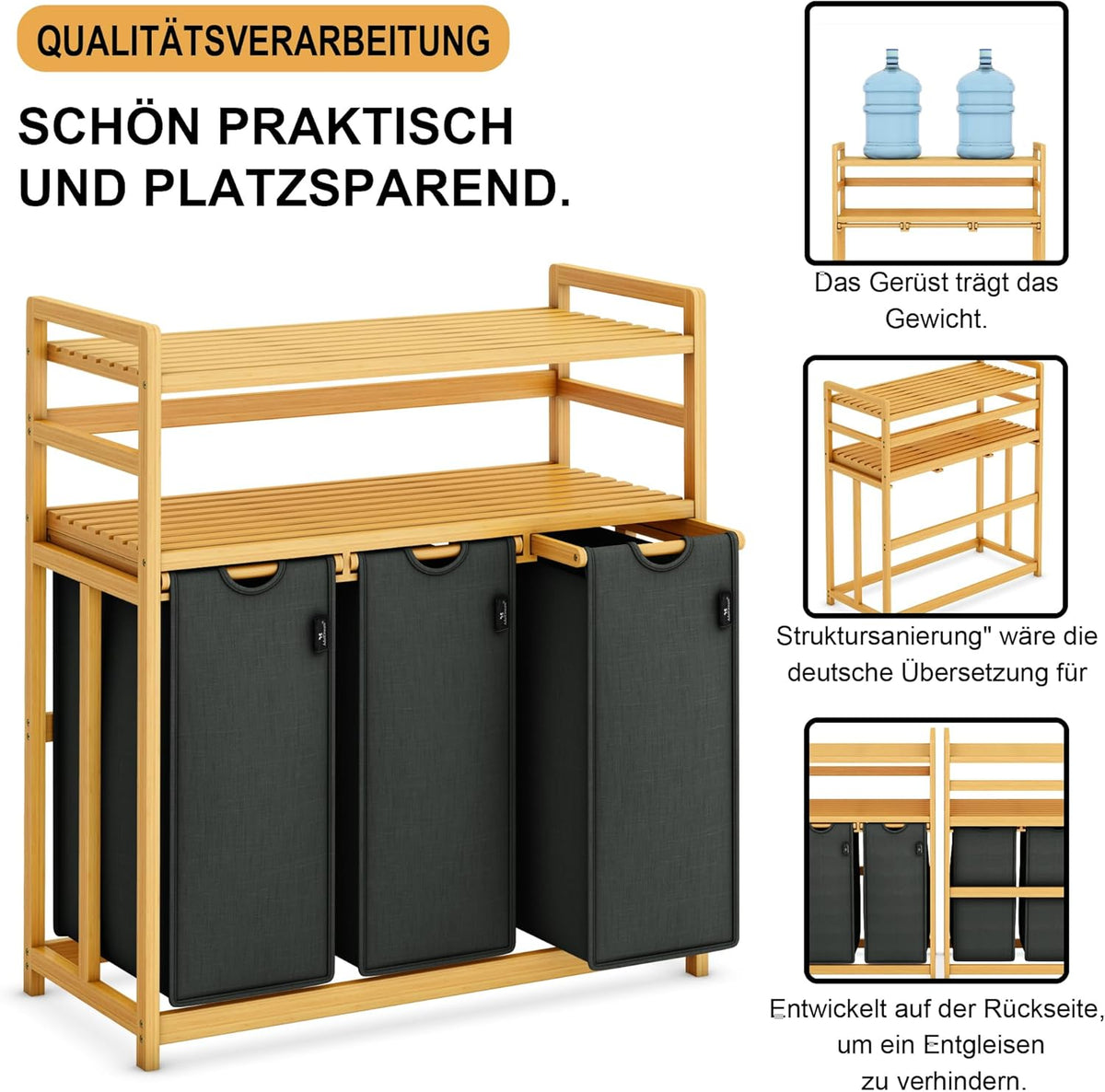 GreyTwo-Tier Bamboo Laundry Hamper & Storage Basket with Three Drawers