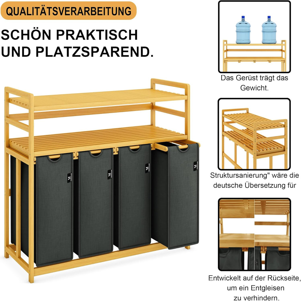 Grey Two-Tier Bamboo Storage Rack with Four Drawers and Laundry Baskets