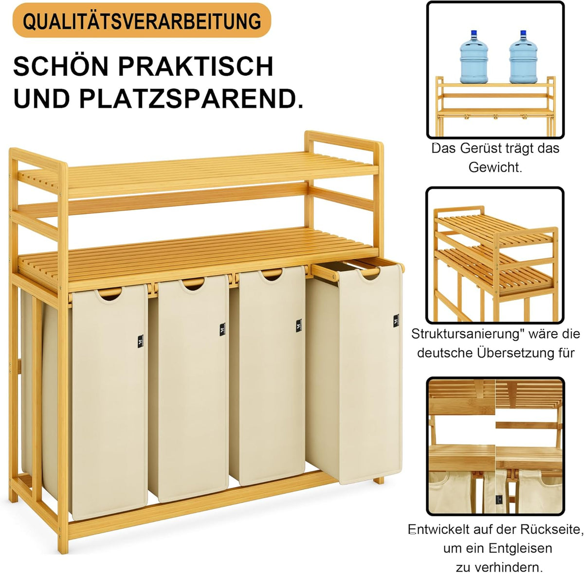 Beige Two-Tier Bamboo Storage Rack with Four Drawers and Laundry Baskets