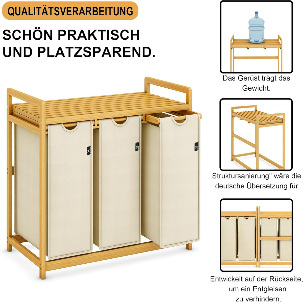 Beige Single-Tier Bamboo  Laundry Basket / Storage Hamper with 3 Drawers