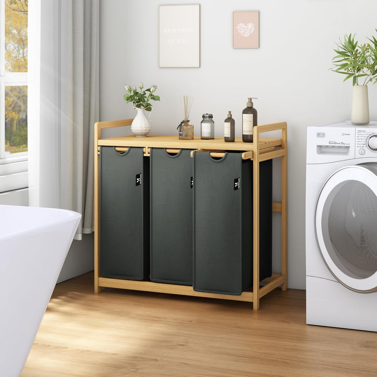 Grey Single-Tier Bamboo  Laundry Basket / Storage Hamper with 3 Drawers