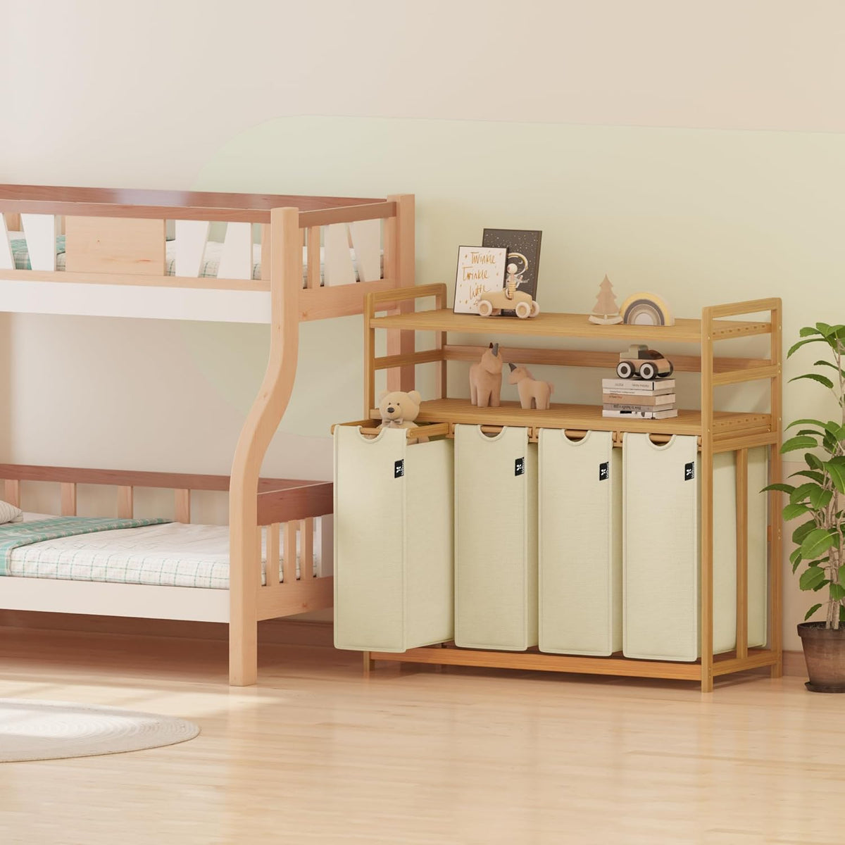 Beige Two-Tier Bamboo Storage Rack with Four Drawers and Laundry Baskets