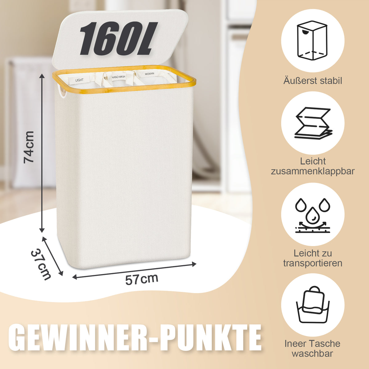 Beige 160L Dual-Handle Foldable Classified Laundry & Storage Basket