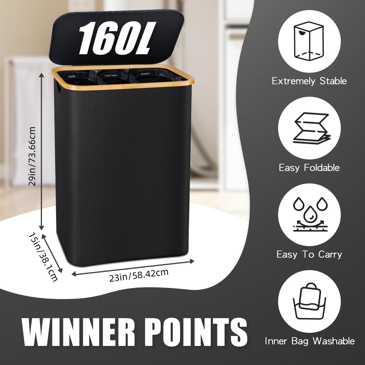 Black 160L Dual-Handle Foldable Classified Laundry & Storage Basket