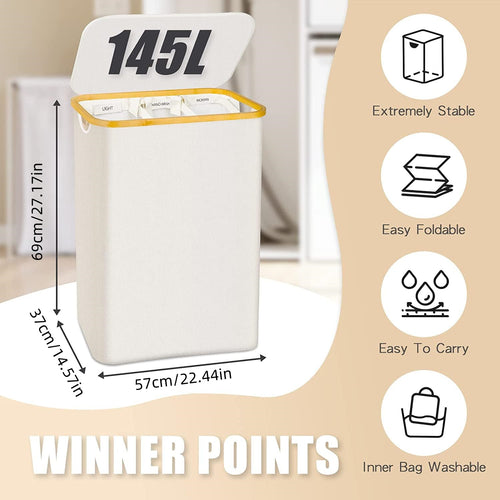 Beige 145L Dual-Handle Foldable Laundry Sorting Basket