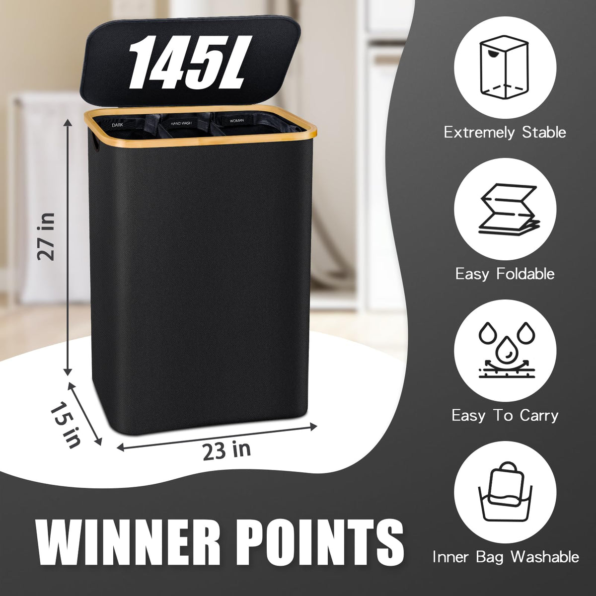 Black 145L Dual-Handle Foldable Classified Laundry & Storage Basket