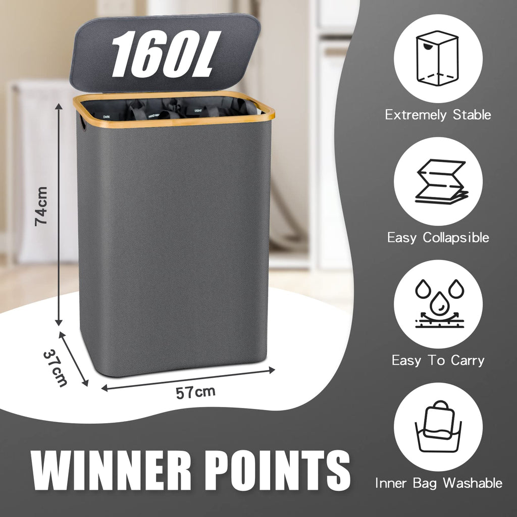 Dark gray 160L Dual-Handle Foldable Classified Laundry & Storage Basket