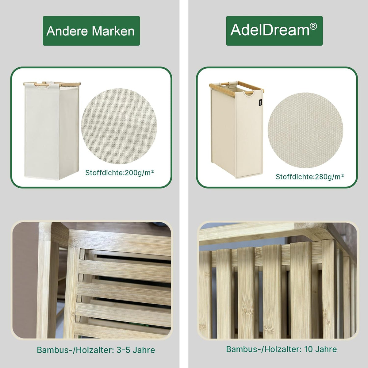 Beige Single-Tier Bamboo  Laundry Basket / Storage Hamper with 3 Drawers
