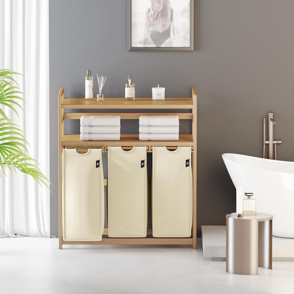 Beige Two-Tier Bamboo Laundry Hamper & Storage Basket with Three Drawers