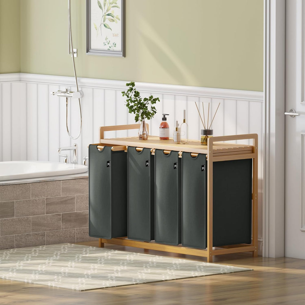 Single-Tier Grey Bamboo Laundry Basket & Storage Rack