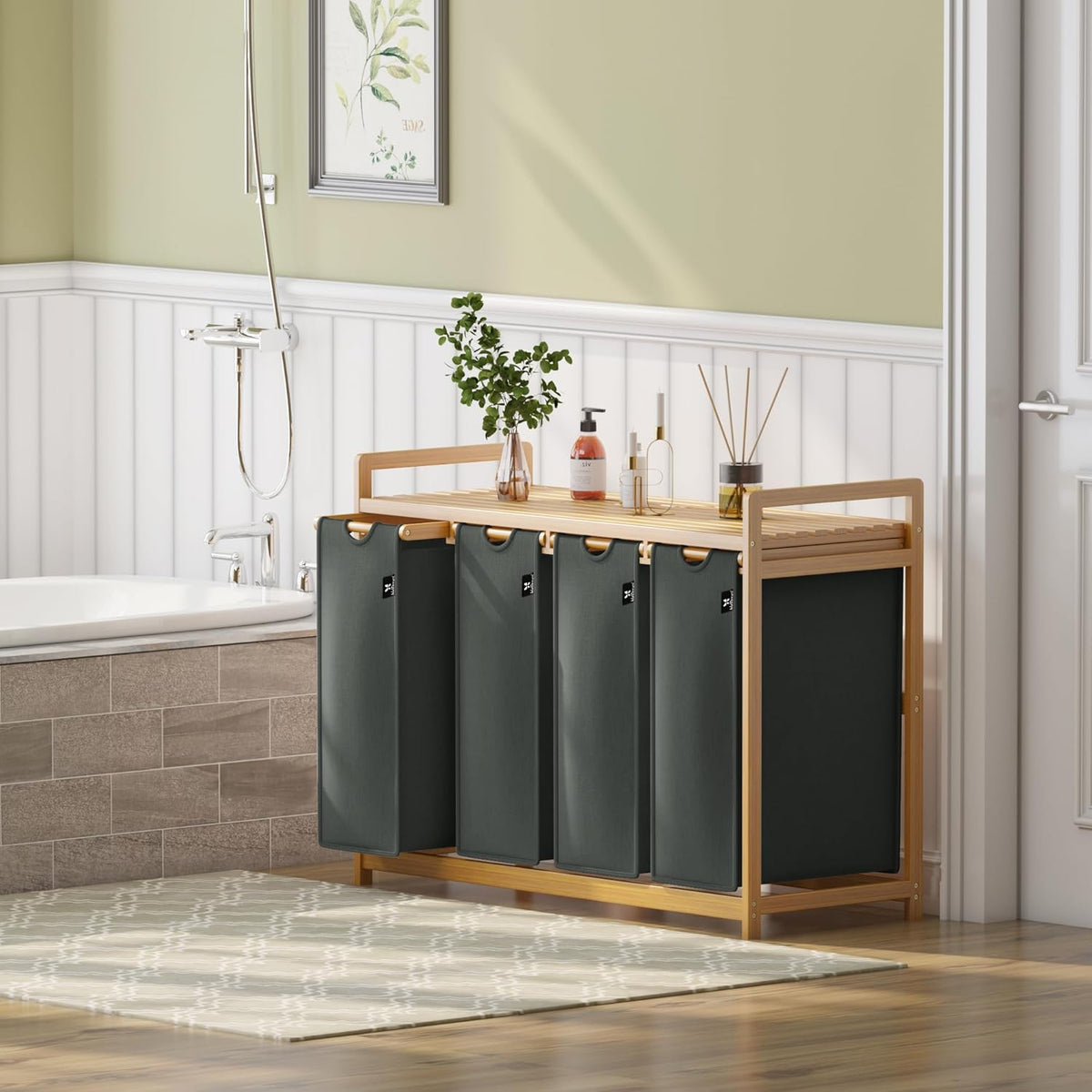 Single-Tier Grey Bamboo Laundry Basket & Storage Rack
