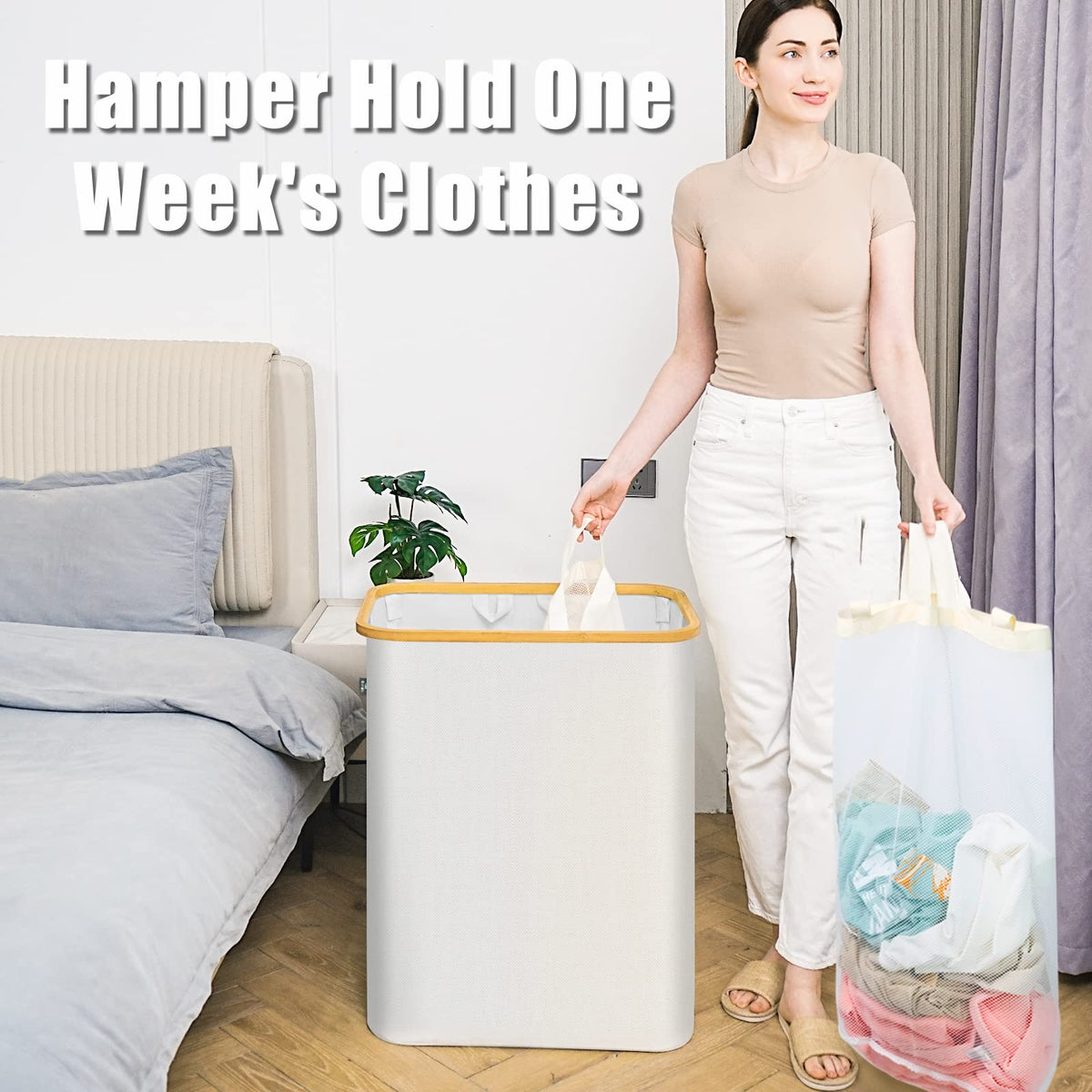 Beige 145L Dual-Handle Foldable Laundry Sorting Basket