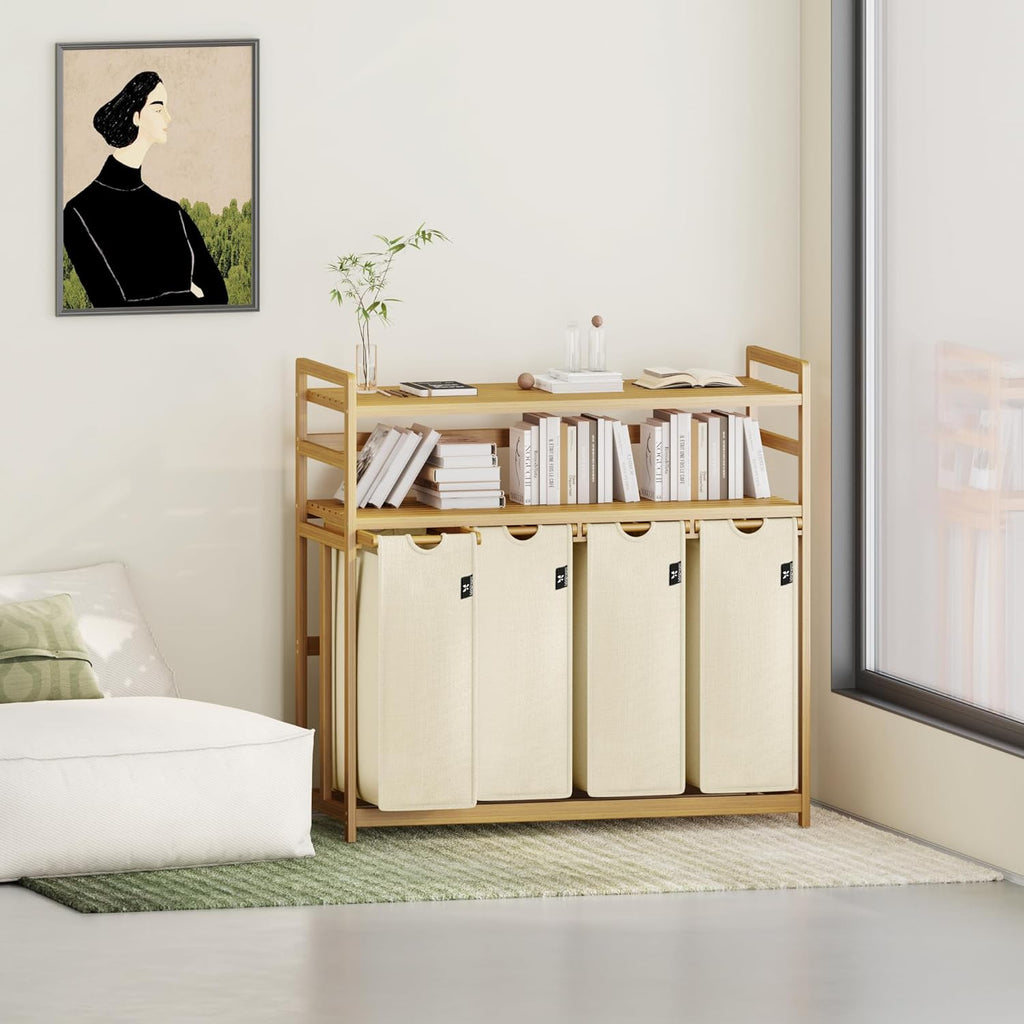 Beige Two-Tier Bamboo Storage Rack with Four Drawers and Laundry Baskets