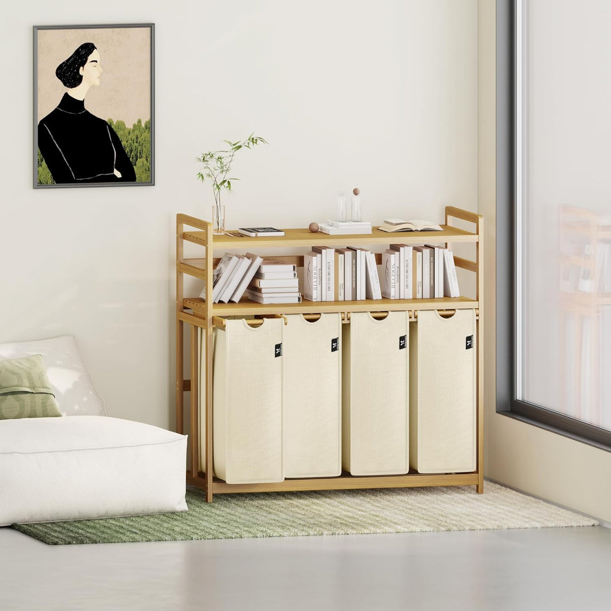 Beige Two-Tier Bamboo Storage Rack with Four Drawers and Laundry Baskets