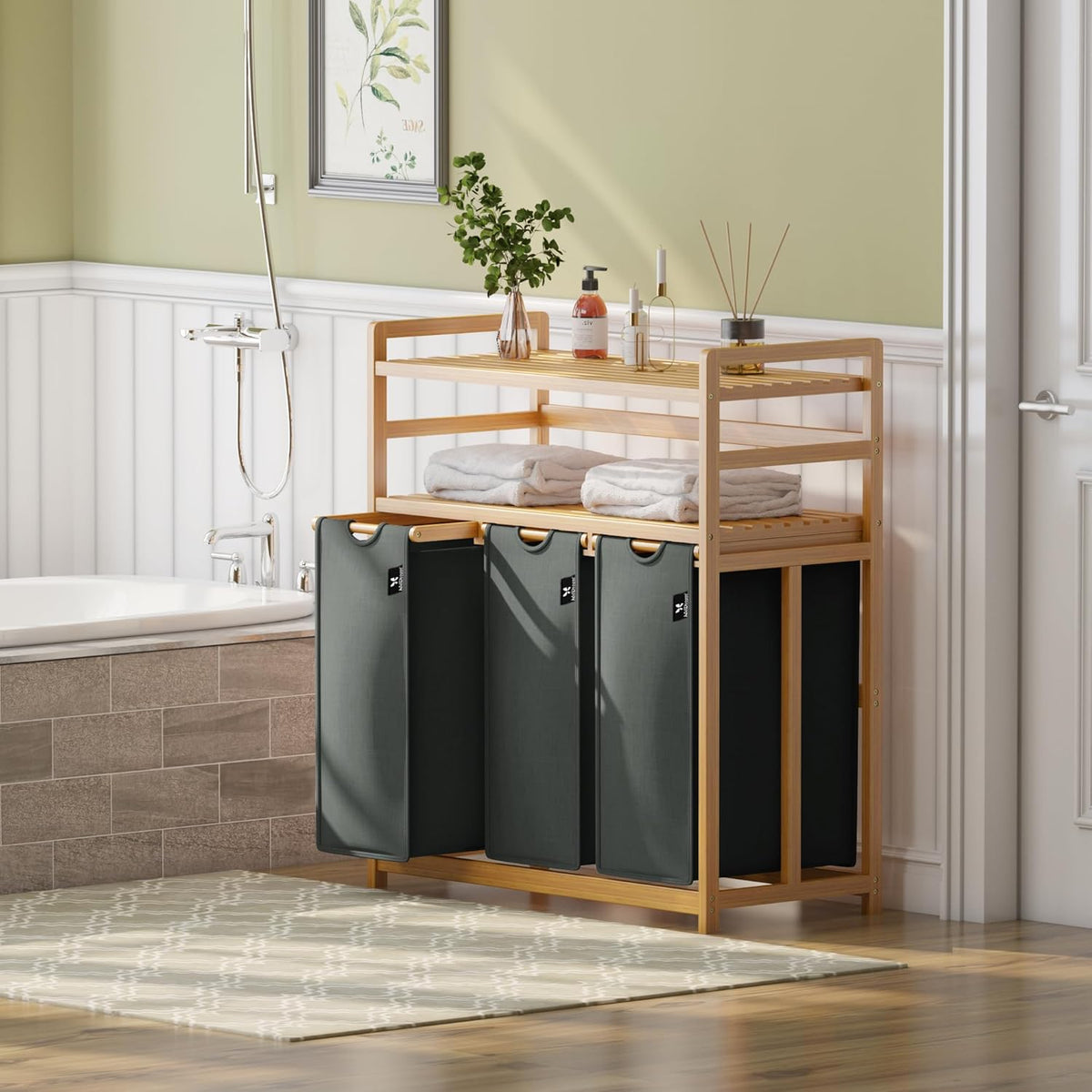 GreyTwo-Tier Bamboo Laundry Hamper & Storage Basket with Three Drawers