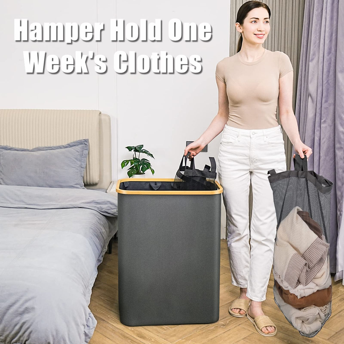 Dark gray 160L Dual-Handle Foldable Classified Laundry & Storage Basket