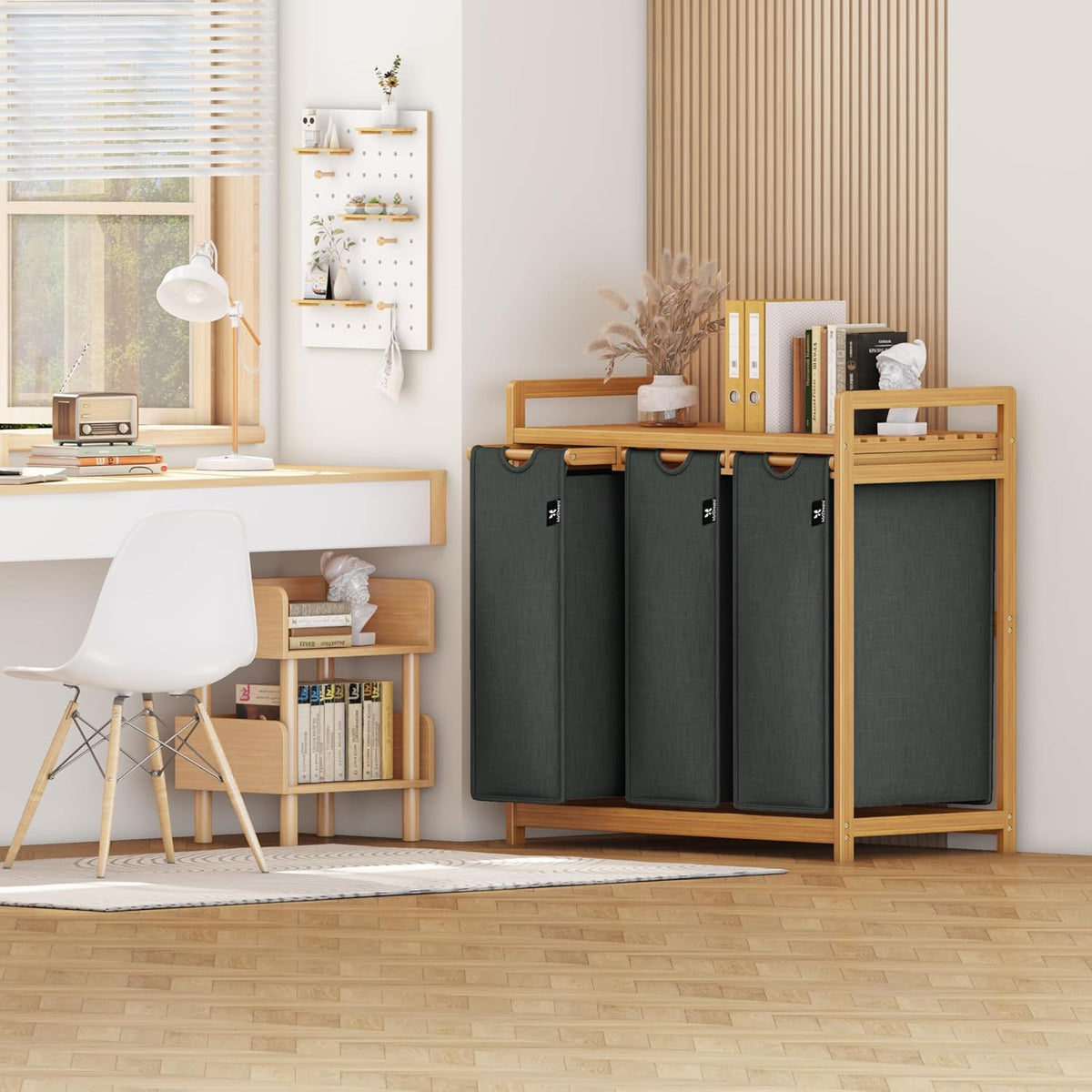 Grey Single-Tier Bamboo  Laundry Basket / Storage Hamper with 3 Drawers