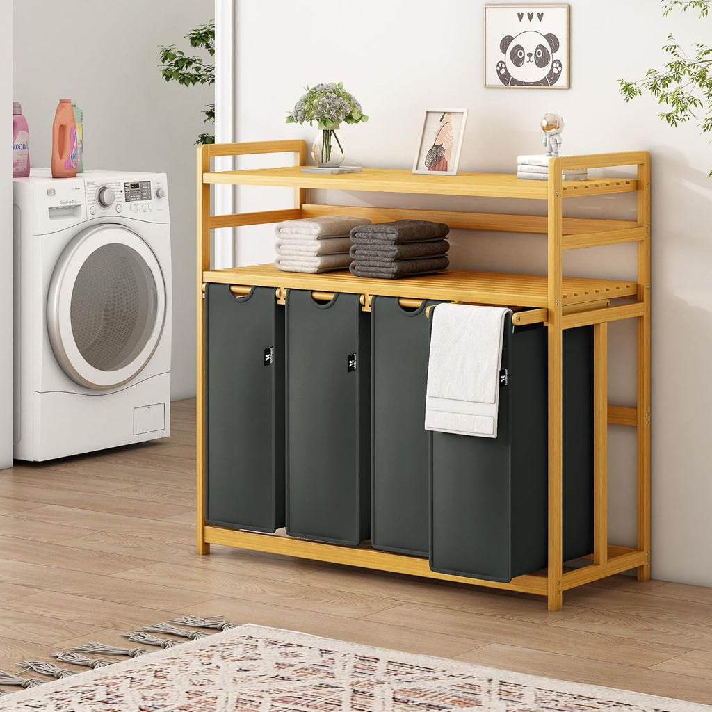 Grey Two-Tier Bamboo Storage Rack with Four Drawers and Laundry Baskets