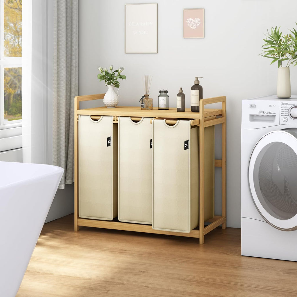 Beige Single-Tier Bamboo  Laundry Basket / Storage Hamper with 3 Drawers