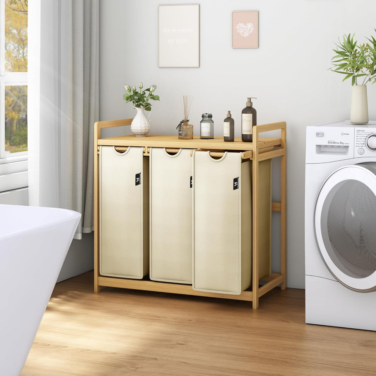 Beige Single-Tier Bamboo  Laundry Basket / Storage Hamper with 3 Drawers