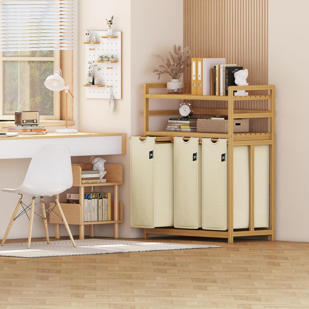 Beige Two-Tier Bamboo Laundry Hamper & Storage Basket with Three Drawers