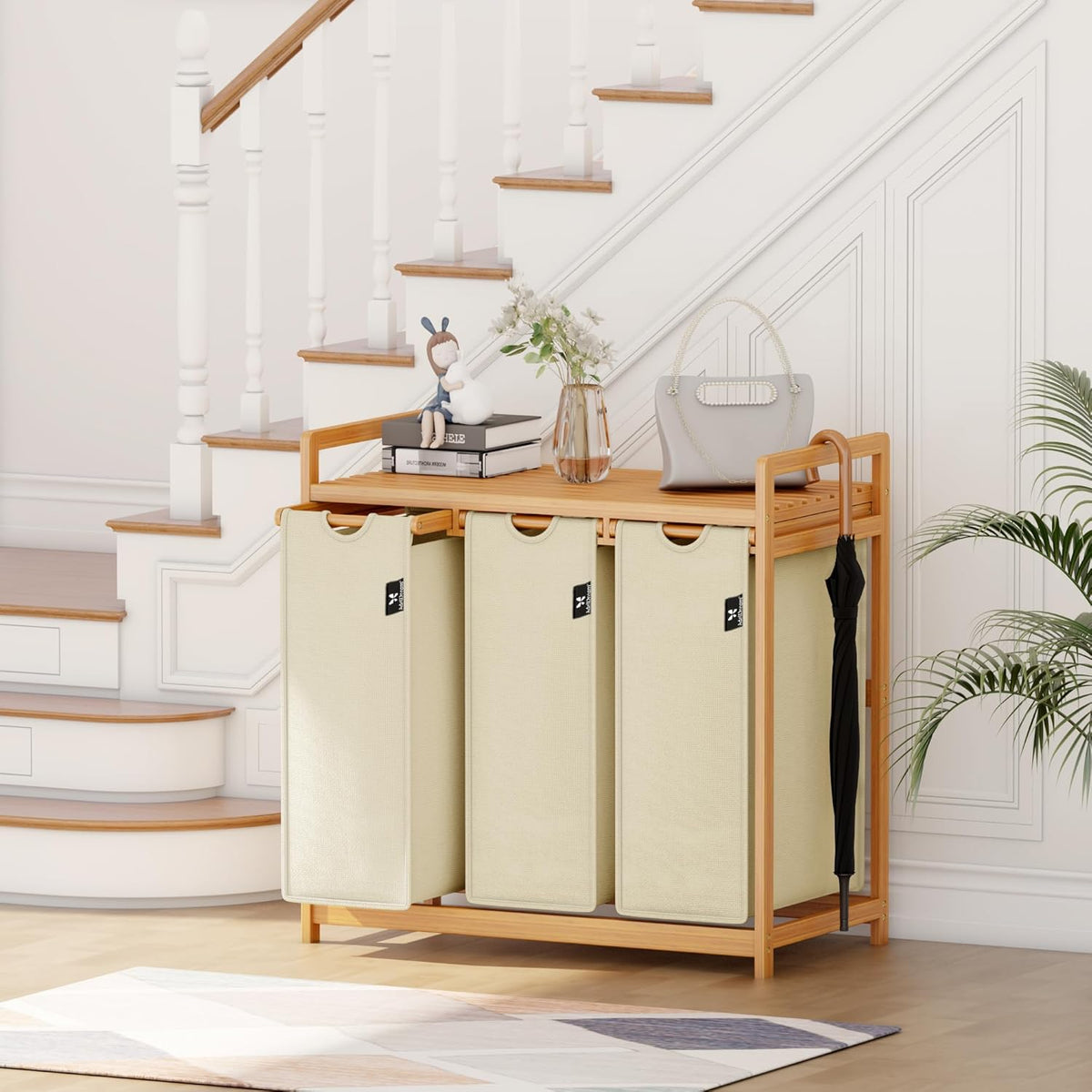 Beige Single-Tier Bamboo  Laundry Basket / Storage Hamper with 3 Drawers
